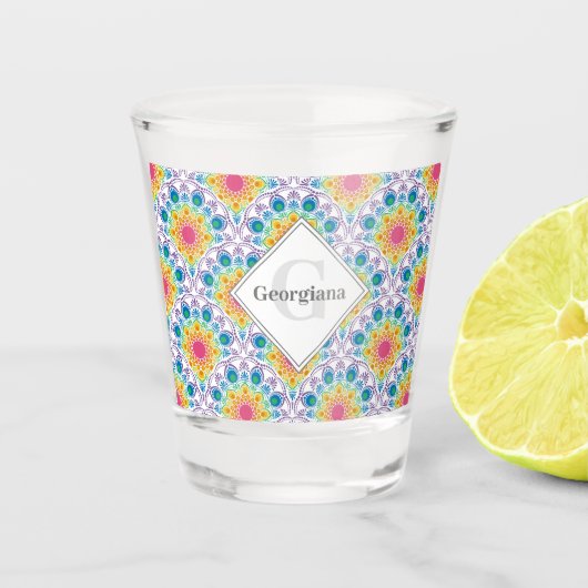 Gepersonaliseerde Rainbow Floral Fountain Art Deco Shot Glas (Voorkant)