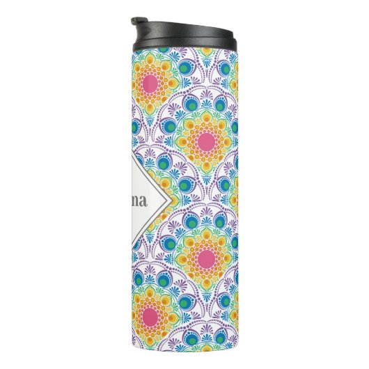Gepersonaliseerde Rainbow Floral Fountain Art Deco Thermosbeker (Geroteerd rechts)
