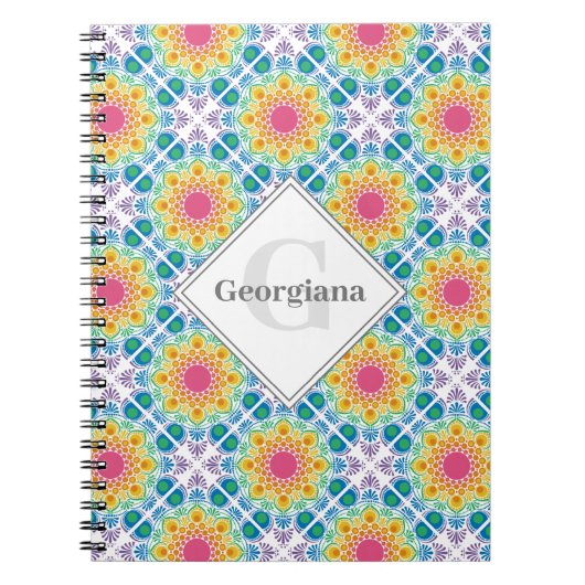 Gepersonaliseerde Rainbow Floral Mandala Diamond T Notitieboek (Voorkant)