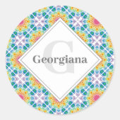 Gepersonaliseerde Rainbow Floral Mandala Diamond T Ronde Sticker (Voorkant)