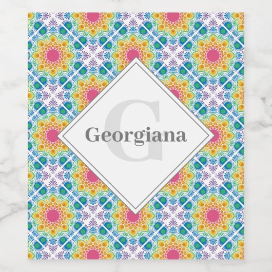 Gepersonaliseerde Rainbow Floral Mandala Diamond T Wijn Etiket (Enkel label)
