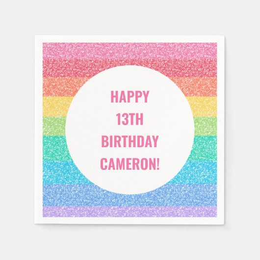 Gepersonaliseerde Rainbow Glitter verjaardagsfeest Servet (Voorkant)