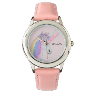 Gepersonaliseerde Rainbow Unicorn Pastel Pink Girl Horloge
