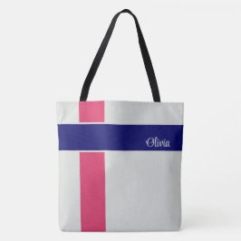 Gepersonaliseerde Raspberry Donkerblauwe Strepen Tote Bag