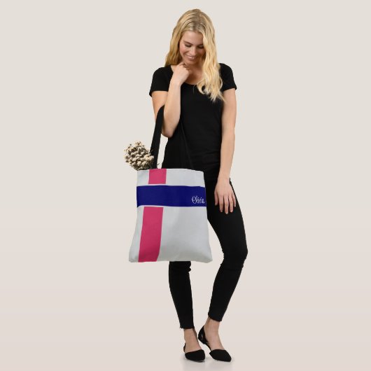 Gepersonaliseerde Raspberry Donkerblauwe Strepen Tote Bag (Op model)