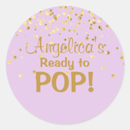 Gepersonaliseerde Ready to Pop Baby shower Lavende Ronde Sticker