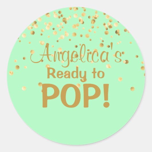 Gepersonaliseerde Ready to Pop Baby shower Mint Gr Ronde Sticker (Voorkant)