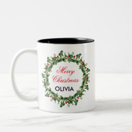 Gepersonaliseerde Red Berry Holly Christmas Tweekleurige Koffiemok