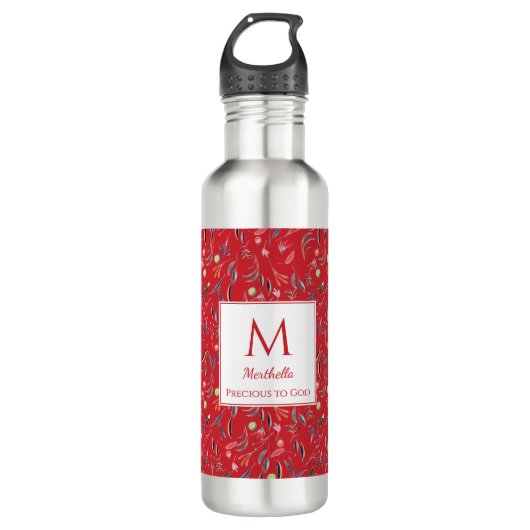 Gepersonaliseerde RED Floral Monogram Waterfles (Voorkant)