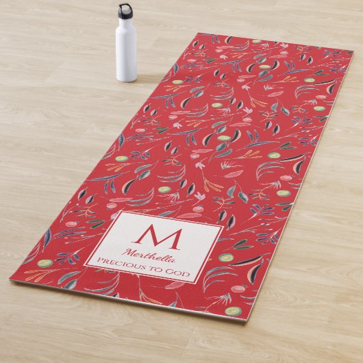 Gepersonaliseerde RED Floral Monogram Yogamat (In situ)