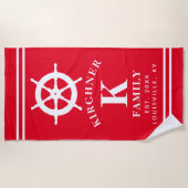 Gepersonaliseerde Red Ship Wheel Nautisch Families Strandlaken (Voorkant)