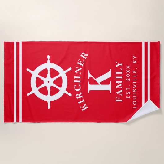 Gepersonaliseerde Red Ship Wheel Nautisch Families Strandlaken (Voorkant)