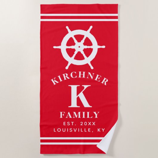 Gepersonaliseerde Red Ship Wheel Nautisch Families Strandlaken (Voorkant)