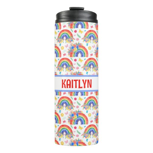 Gepersonaliseerde regenbogen en bloemen thermosbeker (Voorkant)