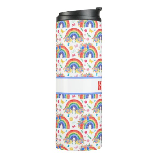 Gepersonaliseerde regenbogen en bloemen thermosbeker (Gedraaid links)