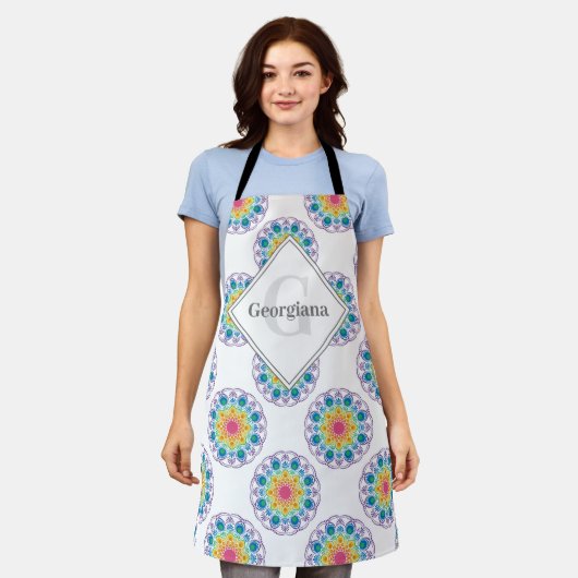 Gepersonaliseerde Regenboog Bloemen Polka Dots Man Schort (Gedragen)