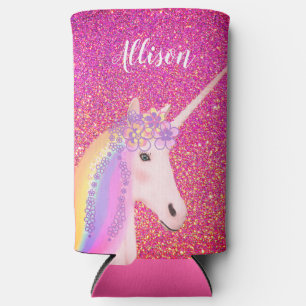 Gepersonaliseerde regenboog eenhoorn roze glitter  seltzer blikjeskoeler