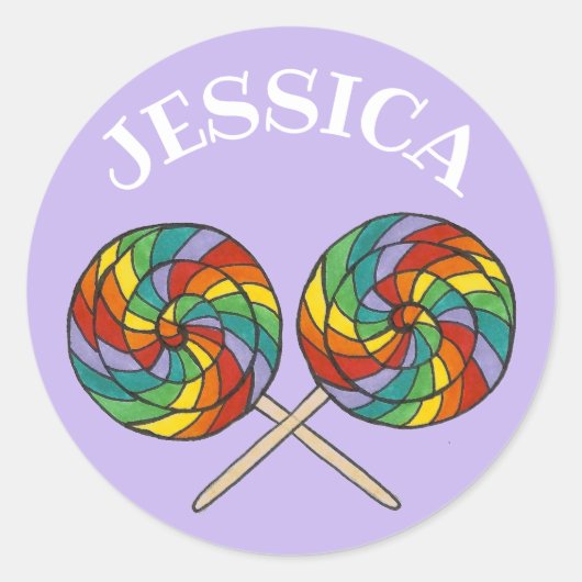 Gepersonaliseerde regenboog Lollipop Lolly Snoep P Ronde Sticker (Voorkant)