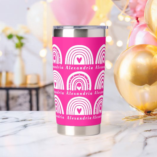 Gepersonaliseerde regenboog patroon heet roze geïsoleerde drinkbeker (Vrijgezellenfeest)