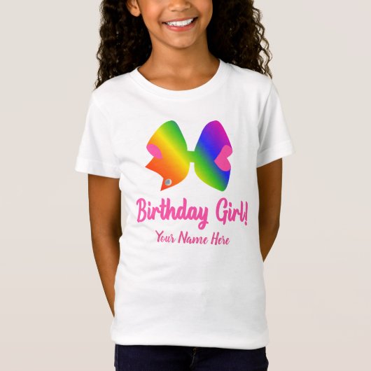 Gepersonaliseerde regenboogbow Birthday Girl Shirt (Voorkant)