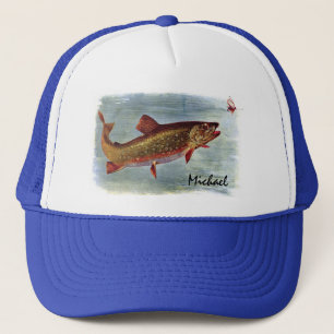 Gepersonaliseerde regenboogforel die een vliegende trucker pet