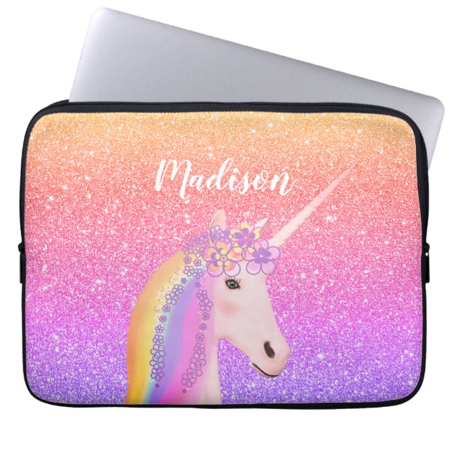 Gepersonaliseerde regenboogontsteking roze glitter laptop sleeve (Voorkant)