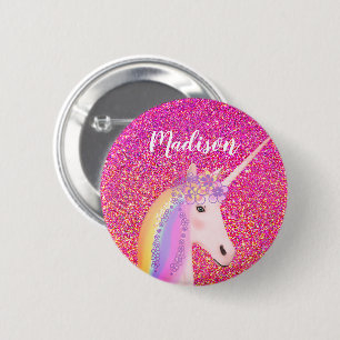 Gepersonaliseerde regenboogontsteking roze glitter ronde button 5,7 cm
