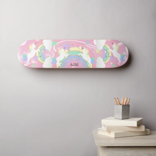 Gepersonaliseerde regenboogroze Unicorn skateboard (Muurkunst (Horizontaal))