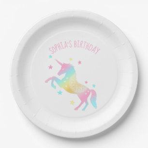 Gepersonaliseerde regenboogUnicorn Birthday Papieren Bordje