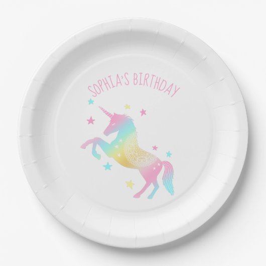 Gepersonaliseerde regenboogUnicorn Birthday Papieren Bordje (Voorkant)