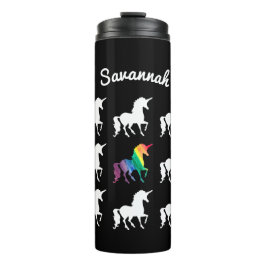 Gepersonaliseerde regenboogunikorn zwart witpatroo thermosbeker