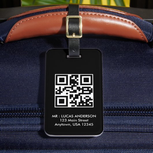 Gepersonaliseerde reis label Naam en qr code zwart Bagagelabel (Voorkant Insitu 2)
