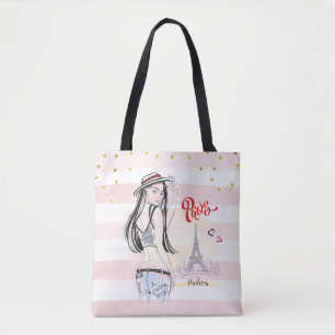 Gepersonaliseerde Reizen Parijs Roze Strepen Schet Tote Bag