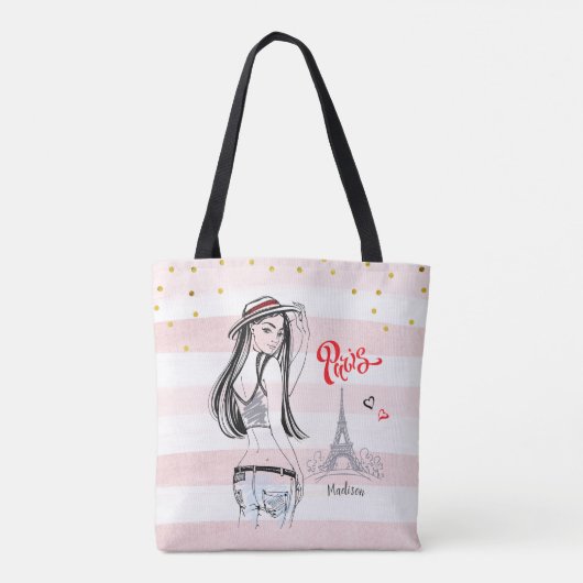 Gepersonaliseerde Reizen Parijs Roze Strepen Schet Tote Bag (Achterkant)