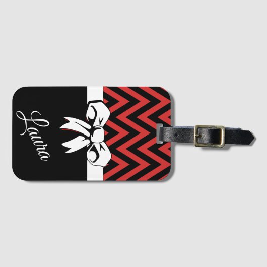 Gepersonaliseerde Reizen Rood Zwart Wit Bow Chevro Bagagelabel (Voorkant (horizontaal))