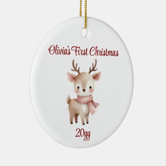 Gepersonaliseerde Rendier Baby Meisje Eerste Kerst Keramisch Ornament (Rechts)