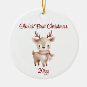 Gepersonaliseerde Rendier Baby Meisje Eerste Kerst Keramisch Ornament (Voorkant)