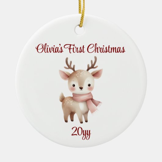 Gepersonaliseerde Rendier Baby Meisje Eerste Kerst Keramisch Ornament (Voorkant)