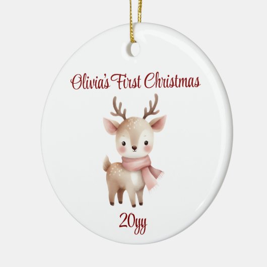 Gepersonaliseerde Rendier Baby Meisje Eerste Kerst Keramisch Ornament (Links)