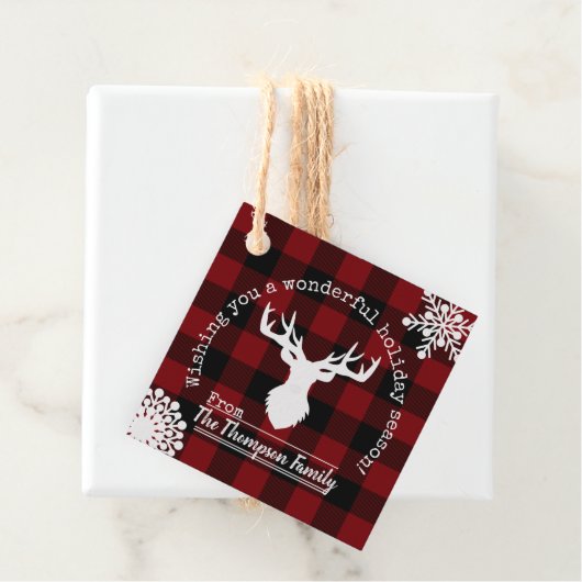 Gepersonaliseerde rendier rood en zwart Buffalo Pl Bedankjes Labels (In situ)