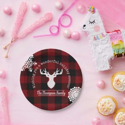 Gepersonaliseerde rendier rood en zwart Buffalo Pl Papieren Bordje (Feest)