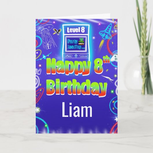 Gepersonaliseerde Retro Arcade 8e verjaardag Kaart (Voorkant)