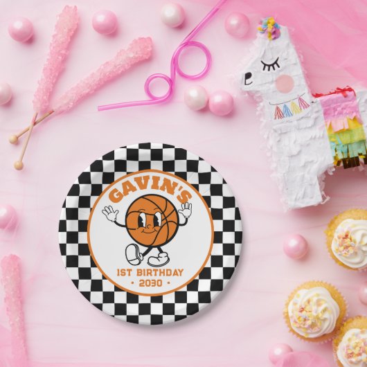 Gepersonaliseerde Retro Basketbal Verjaardagsfeest Papieren Bordje (Feest)