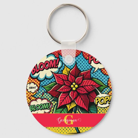Gepersonaliseerde Retro Comic Book Pop Art Poinset Sleutelhanger (Voorkant)