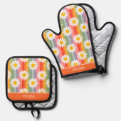 Gepersonaliseerde Retro Daisy Ovenwant & Pannenlap Set (Voorkant / Achterkant)