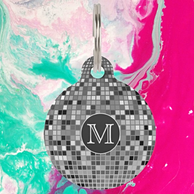 Gepersonaliseerde Retro Disco Ball Monogram Huisdierpenning (Creator heeft geüpload)