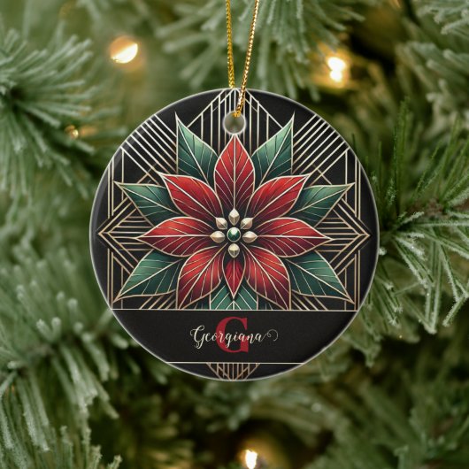 Gepersonaliseerde Retro Floral Art Deco Poinsettia Keramisch Ornament (Boom)