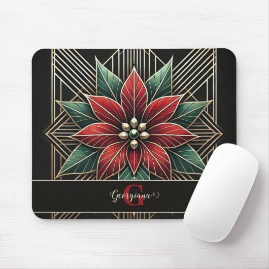 Gepersonaliseerde Retro Floral Art Deco Poinsettia Muismat (Met muis)