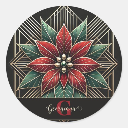 Gepersonaliseerde Retro Floral Art Deco Poinsettia Ronde Sticker (Voorkant)