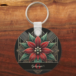 Gepersonaliseerde Retro Floral Art Deco Poinsettia Sleutelhanger